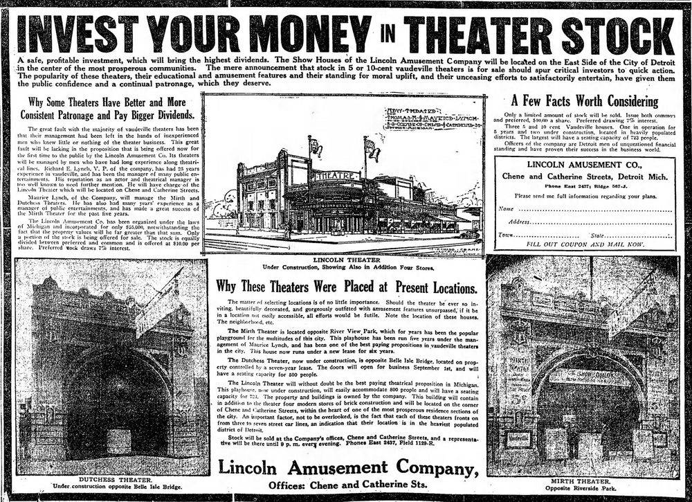 Duchess Theatre - 1912 Article On Theater Investment Includes Mirth (newer photo)